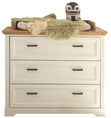 Lomadox Babyzimmer Kommode, Wickelkommode, umbaubar zu Kommode, 3 Schubkästen, Landhausstil, Pine weiß mit Eiche