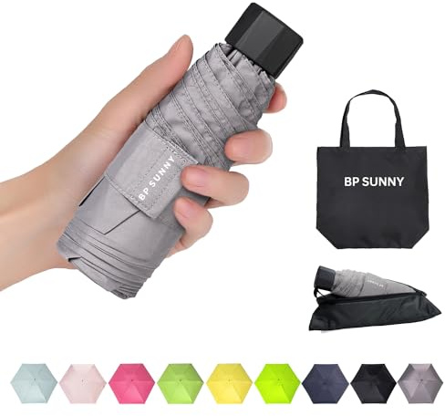 BP SUNNY Petit Parapluie, Anti UV Soleil Parapluie de Poche, Manuel Compact Mini Parapluies Mixte pour Activités de Plein Air de Voyage Pliable Avec Sac à Provisions (Gris)