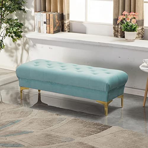 Moderne Samt-Polsterbank, gemütliche Schlafzimmer-Sitzbank mit goldenen Metallbeinen, rechteckige Plüsch-Schuhbank, getuftete Fußstütze, Hocker für Eingangsbereich, Wohnzimmer, Blau, 60 x 40