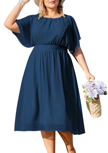 Hanna Nikole Women Plus Size A-Line Dress Ruffle Sleeves Elegant Round Neck Chiffon Dress Navy Blau 52