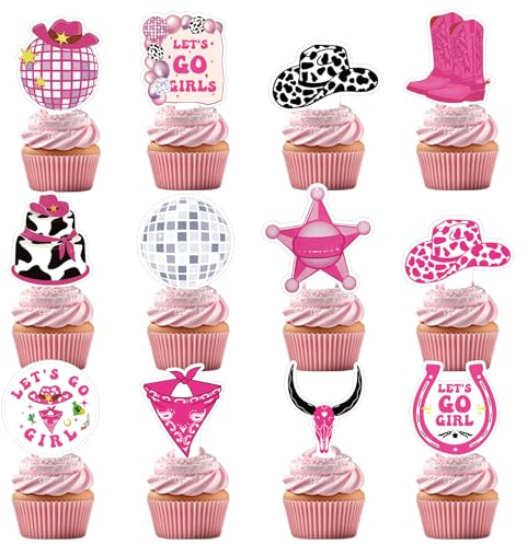 yoomod 36PCS Cowgirl Cupcake Toppers - Western Cowgirl Party Decorations Let's Go Girls Pink Disco Cowgirl Bachelorette Party Rodeo Birthday Valentines Day Party Supplies 12 Styles