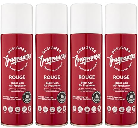 Designer Fragrances 4 Pack Rouge Air Freshener Blast Cans - For Home & Vehicles – Natural Oils, Luxury Lasting Smell, Dry Mist Quick Release Spray – Deodorise & Neutralise Odours – 300ml