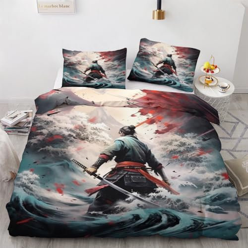 YELDAN Japanische Samurai Bettwäsche 135x200 Winter, Wellen Bettbezug 135x200 2er Set, Wendebettwäsche und Kissenbezug, Weiche & Atmungsaktive Mikrofaser Bettwäsche-Sets