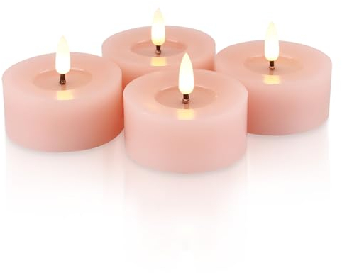 Rhytsing Set of 4 Rose Pink Flamless LED Votive Candles with Reflective Wax Oil Surface for Spring and Summer, Real Wax Battery Operated Jumbo Tealights with Timer for Christmas Wreath - D 7cm x H 3cm
