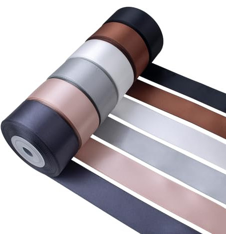 Mlurcu Satinband in Schwarz und Weiß, 2,5 cm breit, grau/braun/silberfarben, Vanilleband, sortiert, einfarbig, doppelseitiges Satinband für Hochzeit, Blumenstrauß, Geschenkverpackung, Haarschleifen,