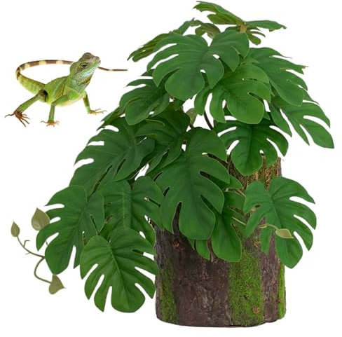 Hperu Plantes de Terrarium, Plantes Reptiles Fausse Plante de monstrea avec décoration de souche d'arbre