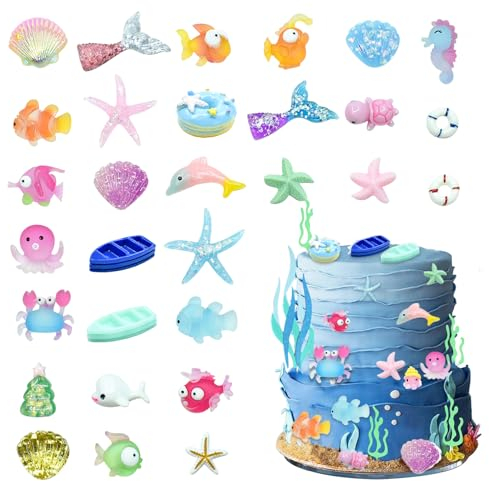 Ronoza® 3D Meerestiere Tortendeko, 30 Stück Meerestiere Deko für Torte, Ozean Themen Tortendeko Geburtstag, Meeresfisch Muffin Deko, Meerestiere Deko Torte für Geburtstag Hawaii Deko
