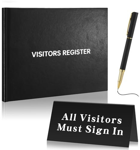 Affrolling Business Log Book - Leather Cover, Black, 8.86 x 7 inches, 120 Pages, Landscape Format, with V Shaped Visitor Sign & Pen - Ideal for Offices, Schools, Hospitals, Events, and More