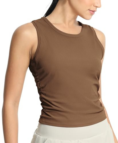 icyzone Damen Sport Tank Top Gerippt Gym Fitness Shirt Ärmellos Sommer Yoga Top (Chestnut Brown, L)