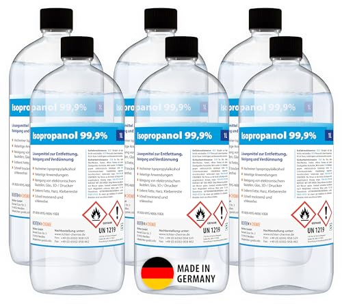 Richter Chemie Isopropanol 99,9% | 6 Liter | IPA Isopropylalkohol, Reinigungsalkohol zum Entfetten, rückstandfrei und geruchslos, verdunstet schnell für Haushalt, Werkstatt, Industrie, 1L-Flasche