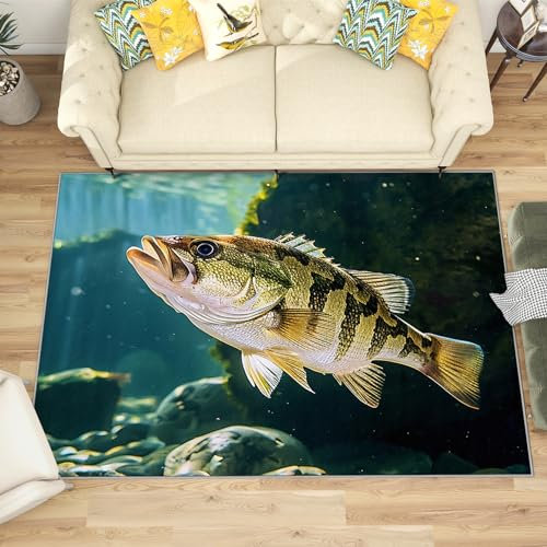 Teppich Fische Kinderzimmer - Teppich Wohnzimmer Schlafzimmer Fisch, Kleiner Teppich Fischer Fischerei, Weich Kurzflor & Waschbar & rutschfest Fussmatte Innen, Kinderteppich 50x80 cm
