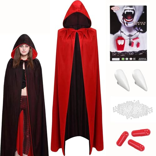 Vampir Kostüm - Beidseitig Rot Schwarz Umhang Mit Kapuze, Vampirzähne & Kunstblut, 160 cm Cape für Halloween, Fasching, Karneval - Dracula Kostüme für Erwachsene Damen