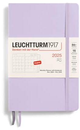 LEUCHTTURM1917 Paperback B6+ - Agenda mensile e taccuino 2025, copertina morbida, 16 mesi, a righe, colore: Lilac, Inglese