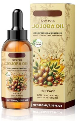 Aceite de Jojoba Bio 100ml, 100% Orgánico, Natural Prensado en Frío, Puro Ecologico para Rostro, Cuerpo, Cabello, Barba, Uñas para una Piel Sana, Sin Crueldad