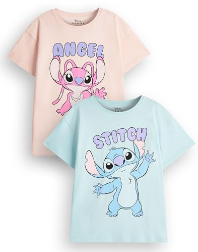 Disney Lilo & Stitch Mädchen-T-Shirt im 2er-Pack | Kurzarm-Grafik-T-Shirt für Kinder im 2er-Set in Hellblau und Rosa | Stitch & Angel Alien süßes Kleidungspaket | Merchandise-Geschenk zur Filmreihe