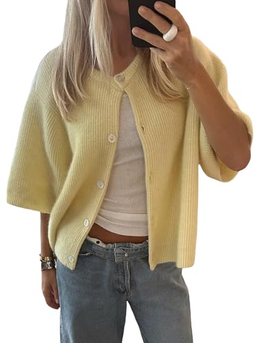 Acrawnni Women Y2k Crop Knit Cardigan Button Down Short Sleeve Ribbed Knitted Crop Top Sweater Knit Tops Outwear Streewear (A-Yellow, M)