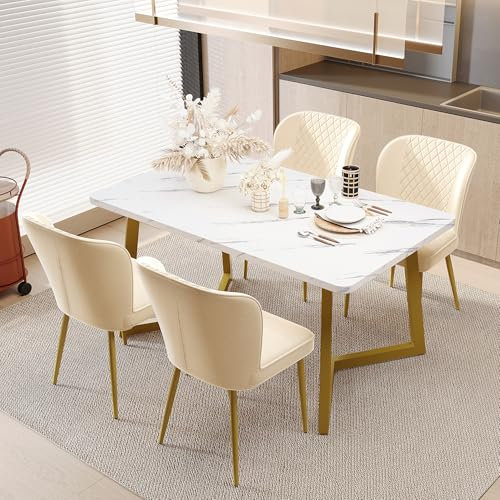 BXEYXE Essgruppe,(Set,117×68×75cm Esstisch mit 4 Stühlen), Moderner Küchentisch Set,Beige Samt Esszimmerstühle, Polsterstuhl Design Stuhl mit Rückenlehne,MDF Tischplatte in Weißer, Gold Tischbeine