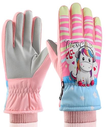PLNVNVP Kinder Skihandschuhe, Kinder Winter Skihandschuhe Wasserdicht Snowboard Handschuhe Anti-Rutsch Plüsch Gefüttert Warm Einhorn Handschuhe für Mädchen 8-14 Jahre alt
