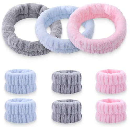 KOLZEMV 9 Stück skincare tools Spa Gesicht Stirnband Handgelenk Waschbänder Set Gesicht Wasch Armbänder Elastisch Makeup Haarband Schweissband zum Schminken und Waschen Gesicht Frauen Spa Yoga Dusche