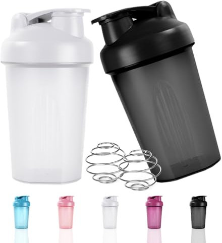 ACWOO Protein Shaker Bottle with Stainless Steel Mixing Ball 500ml, 2pcs Protein & Supplement Shaker Bottle, Leak Proof Flip Flop Lid Shake Bottle Mixer, BPA Free Protein Shake Bottle, Black + White