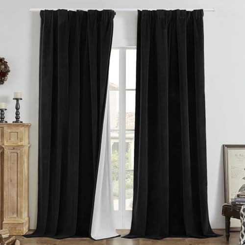 Joydeco 100% Blickdicht Samt Vorhänge mit Kräuselband 2 er Set H 260 x B 140 Schwarz Schienensystem Schiebevorhang Verdunkelung Thermovorhang Kälteschutz Gardinen Schlafzimmer Wohnzimmer Curtains