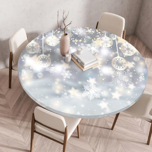 Morbuy Tischdecke Rund Tischdecke Abwaschbar Weihnachtstischdecke Lotuseffekt Tischdecke Weihnachts-Vibes Elastisch Rund Tischdecken (Für Tisch 120-130 cm,Schneeflocken)
