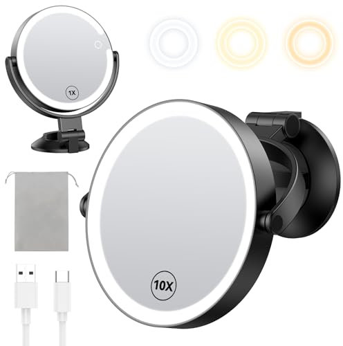 Gospire Miroir de maquillage mural de 17,8 cm avec ventouse puissante, grossissement double face 1x/10x, 3 lumières de couleur et luminosité réglable, batterie rechargeable de 2000 mAh, rasage pour