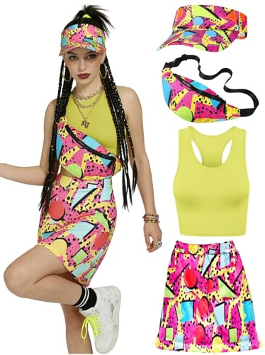 kasahara 80s 90s Costume Women Retro Tracksuit Workout Sport Outfit Skirt, Crop Top, Belt Bag, Sun visors Hat (Yellow, M)