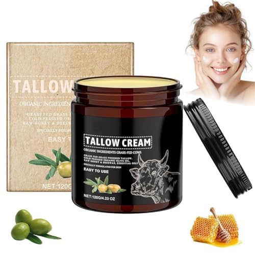 Beef Tallow Creme Bio – Whipped Tallow Balm aus 100% Grasgefüttertem Rindertalg, Rin/dertalg Creme für Gesicht & Körper, Natürliche Rindertalg Skincare & Feuchtigkeitspflege(120g)