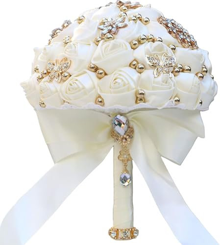 21,6 cm Hochzeitssträuße für die Braut, elegante künstliche Satinblumen mit Strass und Perlen, handgefertigte Brautsträuße, perfekt für Quinceanera