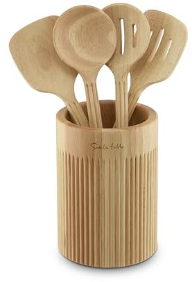 Sur La Table Set of 4 Wooden Utensils with Holder, Solid Turner/Solid Spoon/Slotted Turner/Slotted Spoon, Easy to Clean, Made from Hevea Wood with FSC Certified Materials
