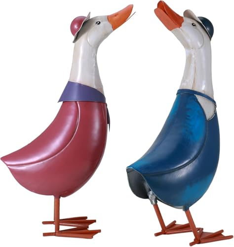Gartenskulpturen aus Metall, Retro-Cartoon-Entenstatuen für Outdoor-Hofdekoration, niedliche Enten-Figuren mit Hüten, rustikale Heimdekoration und Geschenk für Hochzeit, Einweihungsfeier und