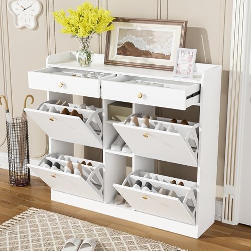 Moimhear Edler weißer Schuhschrank mit 4 Klapptüren, 2 Schubladen, 3 offenen Fächern - perfekt für Flure und Eingangsbereiche, Maße 110 x 26 x 100 cm (Weiß)
