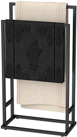 Toallero de pie, toallero negro con 2 rieles, soporte para toallas de baño de 2 niveles, escalera y toallero para baño, lavandería, dormitorio, piscina, color negro