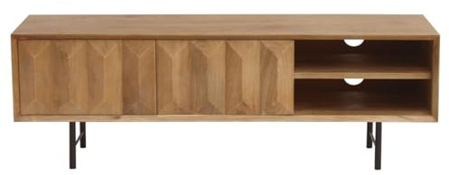 Miliboo Meuble TV en Bois Clair manguier Massif gravé et métal Noir L120 cm Agra
