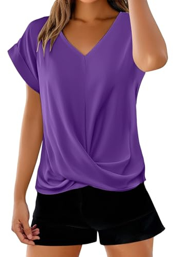 Cocila T Shirts con Scollo A V Tinta Unita Elegante Tops Maniche Corte per Abbigliamento Femminile Primaverile Ed Estivo Camicia Pizzo Elegante Camicia Donna Firmata Donna Blu Scuro Viscosa Blusa