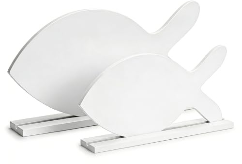 OuMaiFeng 2er Holzfische Kommunion Deko mit Sockel(29cm,26cm),Konfirmation Deko Junge & Mädchen,Weiße Holzfische Deko zum Selbst Gestalten,Tischdeko zur Konfirmation,Taufe,Firmung uvm.