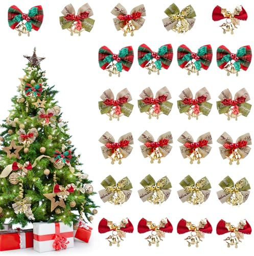 25x Schleifen Weihnachtsbaum mit Glöckchen,Weihnachtsschleifen zum Basteln | Schleifen Weihnachten für Weihnachtsdeko Geschenkverpackung DIY Kunst Handwerk