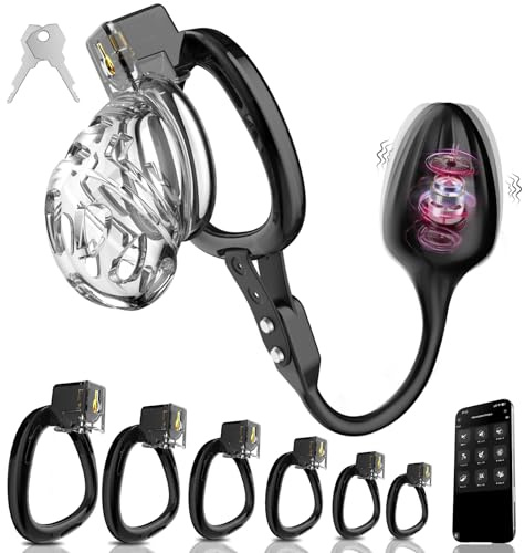 Peniskäfig Chastity Cage Männer Keuschheitskäfig Herren Extrem Mit Buttplug APP 9 Vibrationsmodi & 6 Cock Ring Harz Keuschheitsgürtel Cock Cage Sex Spielzeug für die Männer fesseln bondage fetisch(S)