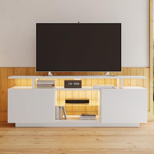 LANTRO JS TV Lowboard, 140cm Lang, Fernsehschrank, für 60-Zoll-TV, TV Schrank, Hochglanz-Finish, Glaspaneele, TV Kommode, 140x35x55cm,Weiß