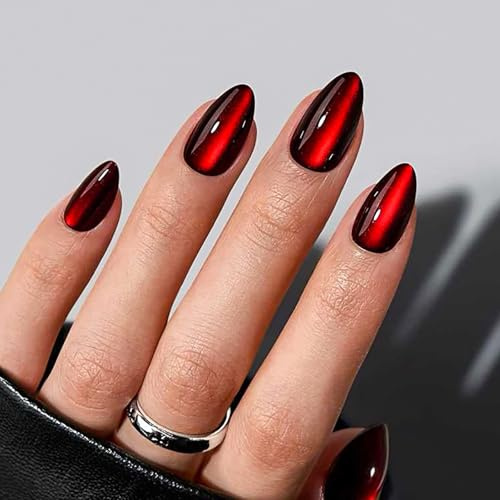 Red Press on Nails - Burgundy False Nails with Glue - 24PCS Cat Eye Fake nails - Medium Almond Stick on Nails - Full Cover Acrylic Nail Tips - Glue on nails for Women DIY French Manicure at Home