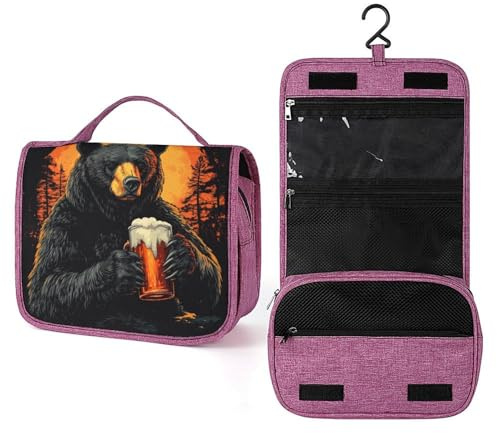 Majestic Black Bear Holding Cup of Beer Retro Travel Toiletry Bag for Women,Hanging Makeup Organizer with Hook for Shampoo