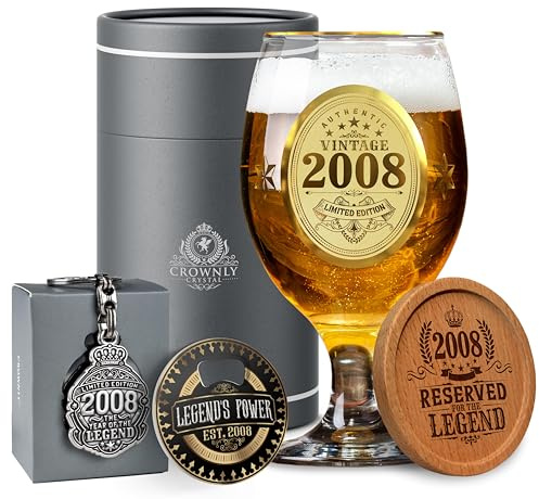 CROWNLY CRYSTAL® 2008 18th Birthday Gifts Personalised Beer Glasses Decorations Gift for Men Mens Gift Ideas 18th Birthday Glass