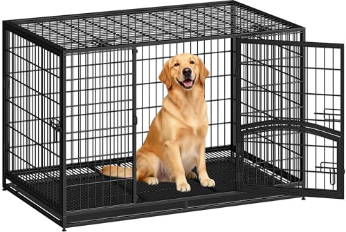 Fobyfurny Hundekäfig Hochbelastbar, Gitterbox, 122 x 74,5 x 80,5 cm Schwarz | 4-Türige Hundebox Metall, Seitentür und Herausnehmbare Bodenschale, Leicht zu Reinigen, Haustierkäfig für Zuhause