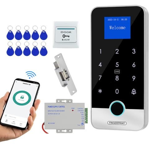 Tuya Smart Fingerprint Access Control Kit, a four-in-one access control system, includes a keypad controller, a 12V power adapter, a 350-pound magnetic lock, an exit button, and 10 RFID key fobs.