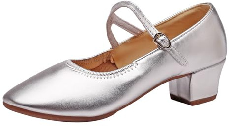 Chaussures Traditionnelles à Talons épais, Chaussures de Danse, Chaussures de mariée, Ballerines à Talons carrés, Chaussures élégantes à Boucle. (Silver, 34)