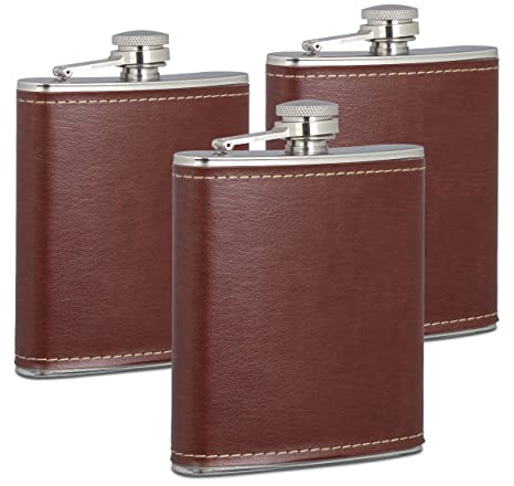 Relaxdays 3X Flachmann 200ml, Taschenflasche aus Edelstahl, mit Kunstleder Hülle, Kleiner Taschenflachmann für unterwegs, braun