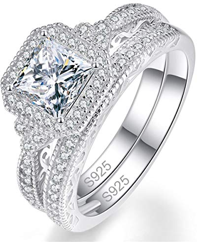 Bonlavie Engagement Rings Set for Women Princess and Round Cut White Cubic Zirconia Bridal Wedding Rings Set