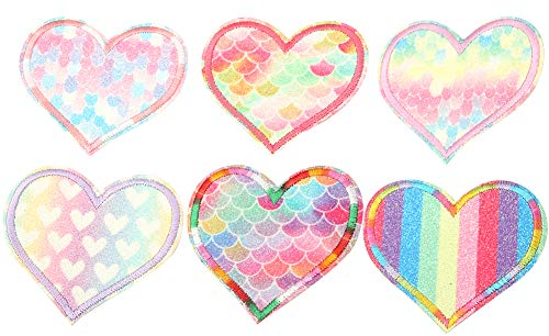 6 STÜCKE Regenbogen Farbe Herzform Tuch Patches DIY Kleidung Ausbessern Zubehör Cartoon Stickerei Aufkleber Bügelbild für Diy T-Shirt Jeans Kleidung Jacken Rucksäcke Jeans Kleidung Mädchen Kinder