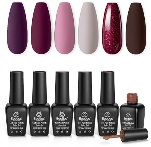 Beetles Gel Polish Nail Set - 6pc Fall Winter Purple, Brown, Burgundy, Red Glitter Gel Polish - Soak Off Uv Light Kit - DIY Nail Art Gift